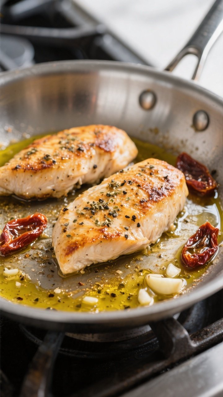 Cooking process — Searing stage: Golden-seared chicken breasts in a heavy stainless-steel skillet,