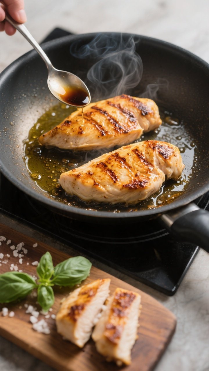 Cooking process – Searing the chicken: Medium-high heat skillet scene with golden, pan-seared chic
