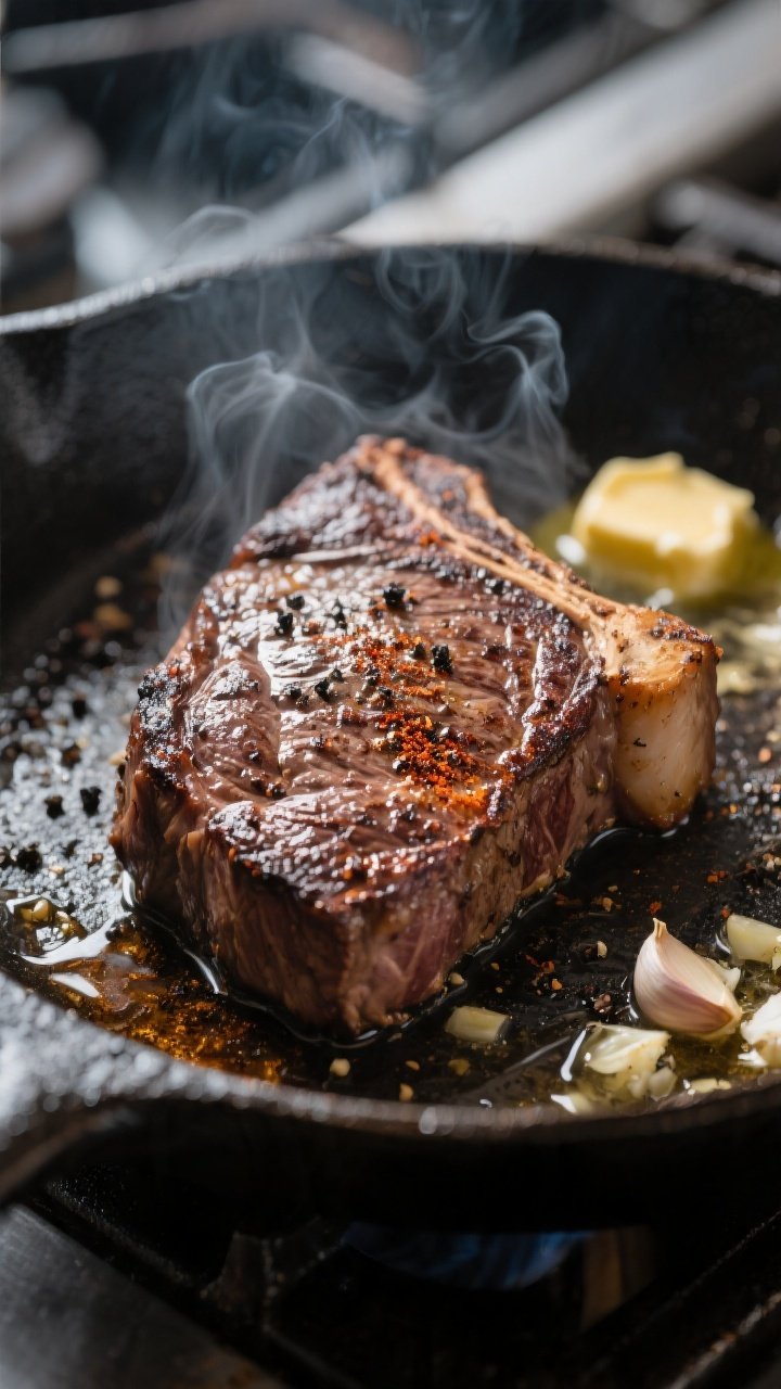 Cooking process — Searing the steak: Close-up of a well-seasoned sirloin sizzling in a hot cast-ir