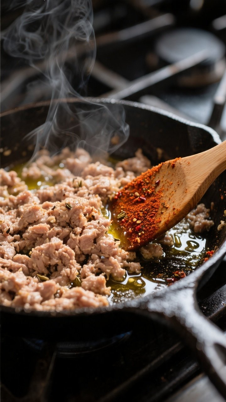 Cooking process: Seasoned ground turkey sizzling in a cast-iron skillet, lightly browned with visibl