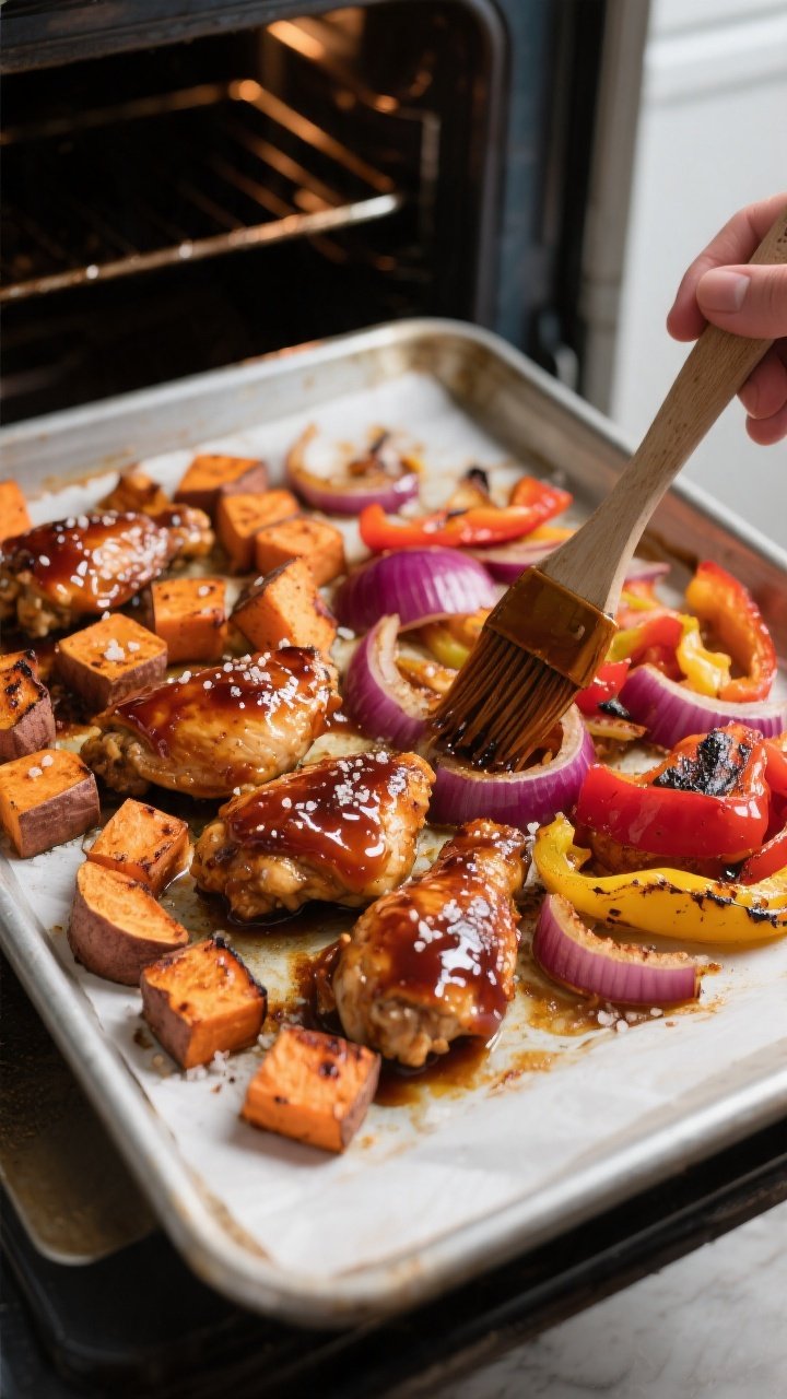 Cooking process, sheet-pan action: A hot sheet pan pulled from the oven at 425°F showing roasted sw