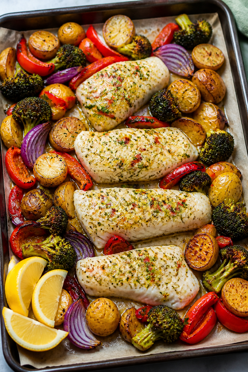 Cooking process, sheet-pan action: Roasted cod and veggies mid-bake on a parchment-lined sheet pan a
