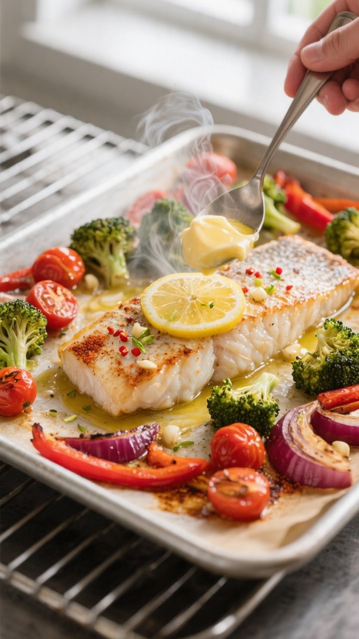 Cooking process, sheet-pan action: Tilapia fillets roasting on a parchment-lined sheet pan at 425°F