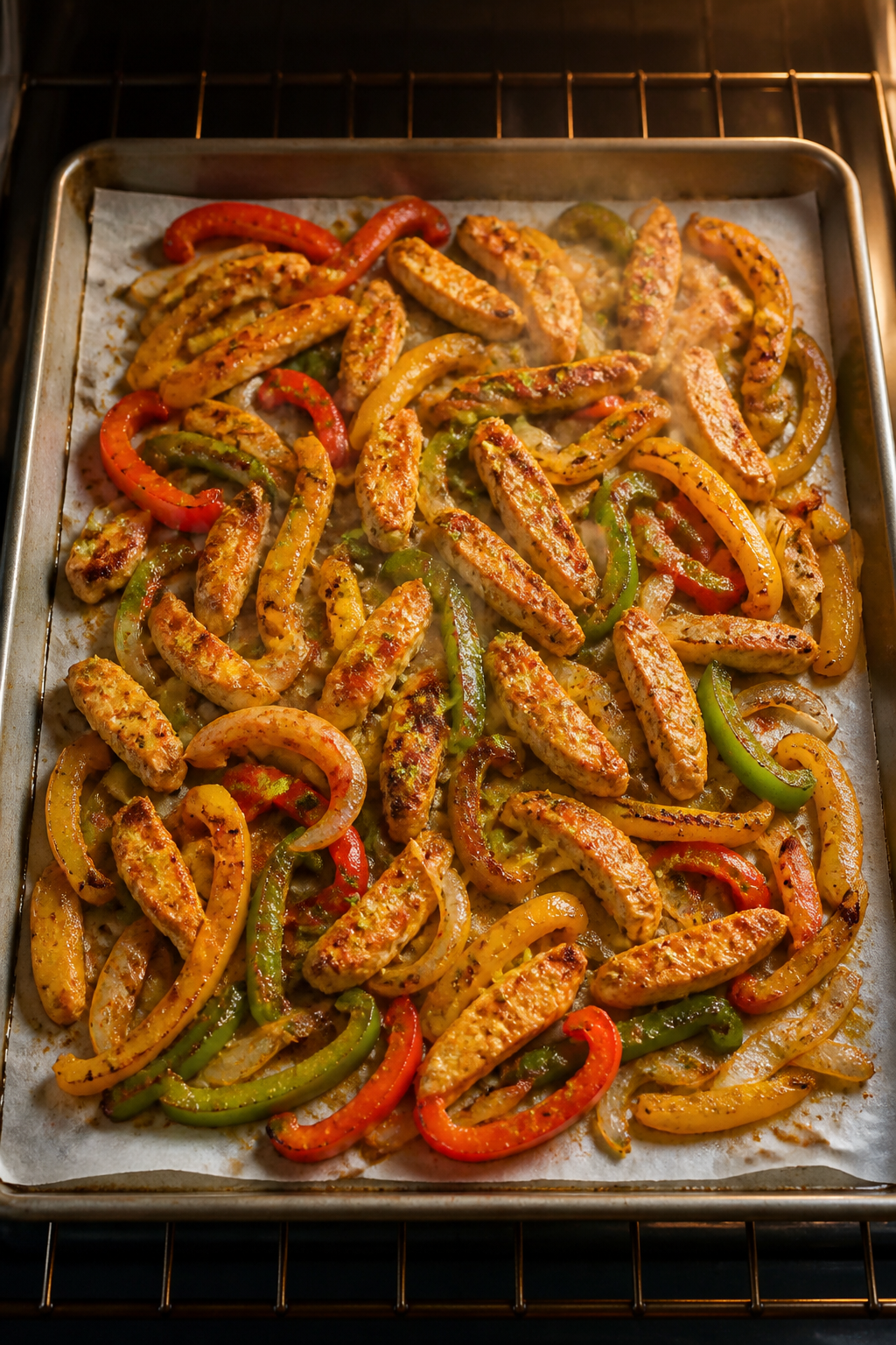 Cooking process, sheet pan in oven: Overhead shot of cooked chicken fajitas just after the first roa