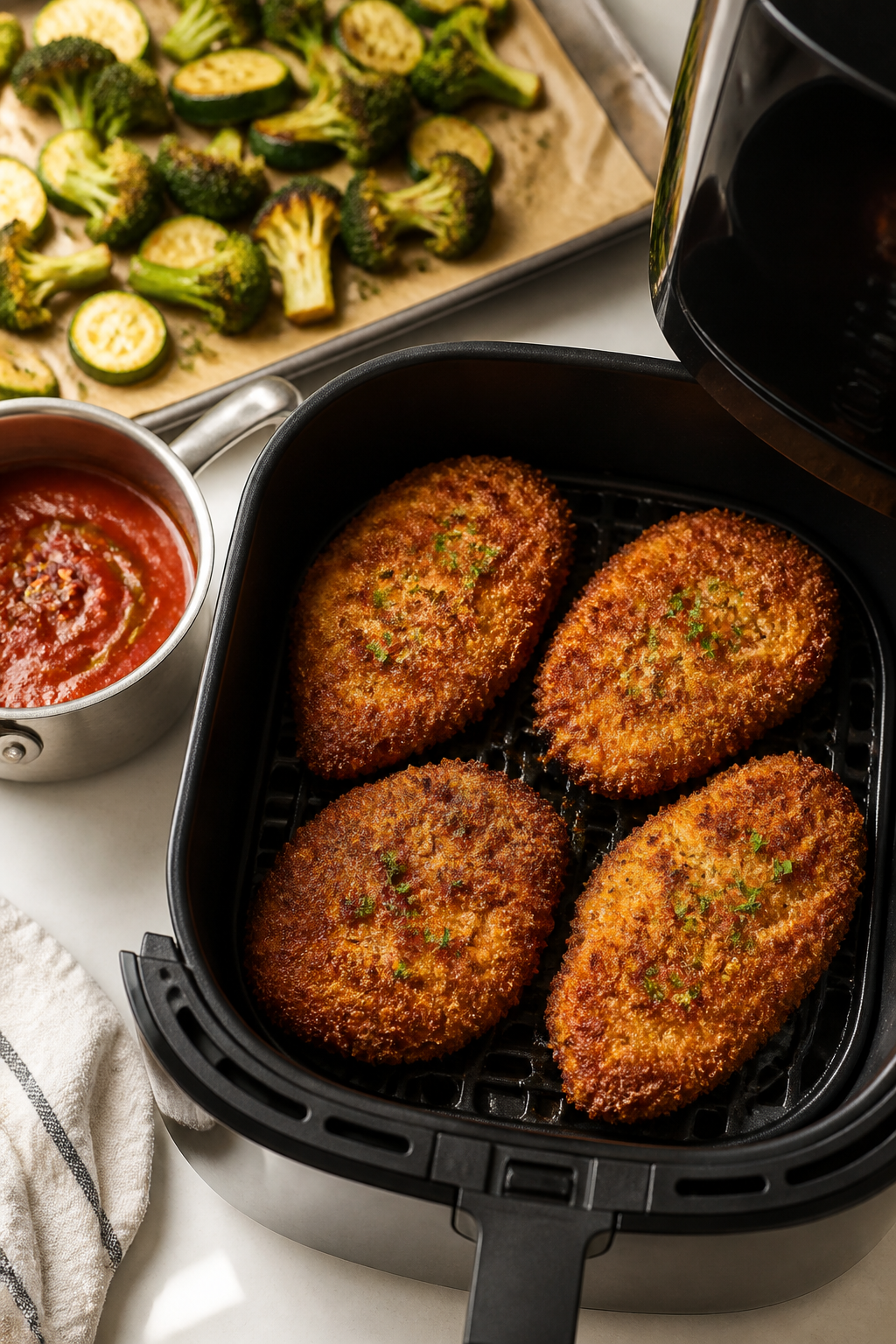 Cooking process shot: Chicken cutlets being air-fried at peak crispness—basket open to reveal even