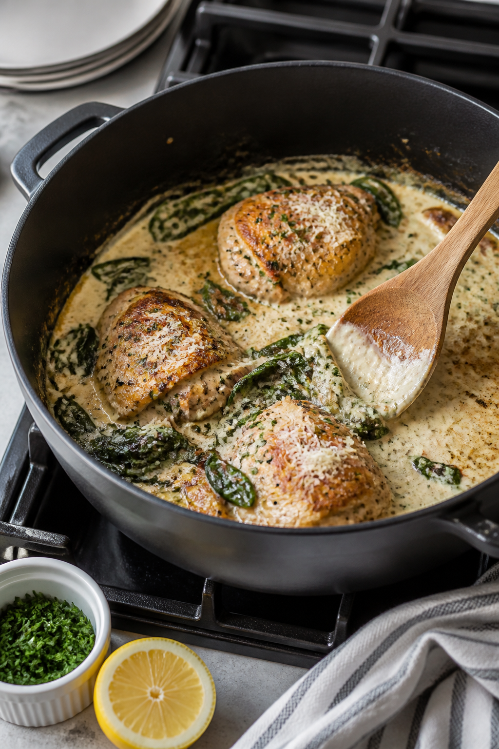 Cooking process shot: One-pot creamy garlic chicken & spinach simmering in a matte black Dutch oven,