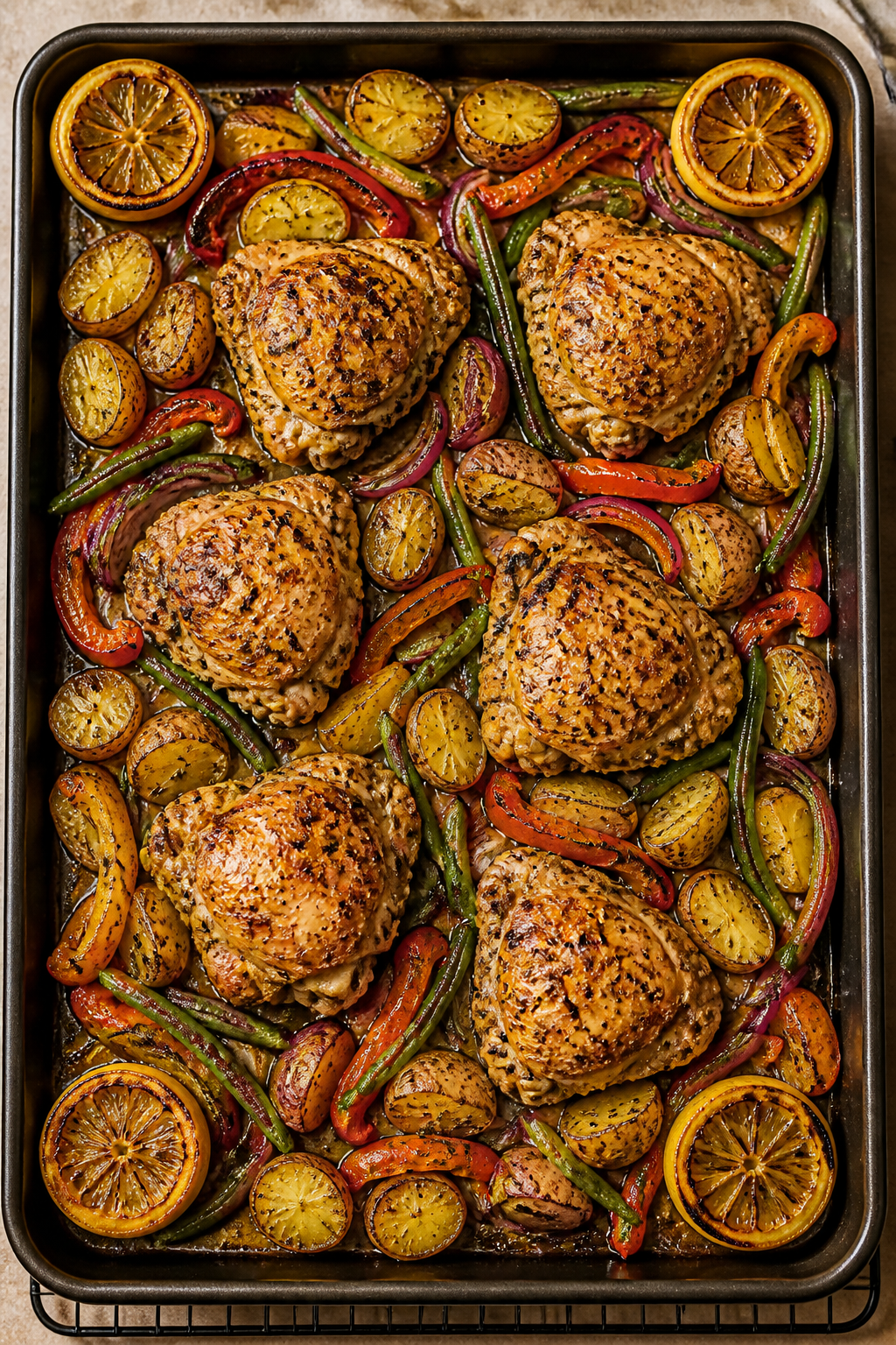 Cooking process shot: Overhead view of the loaded sheet pan mid-roast at the 30–35 minute mark—c