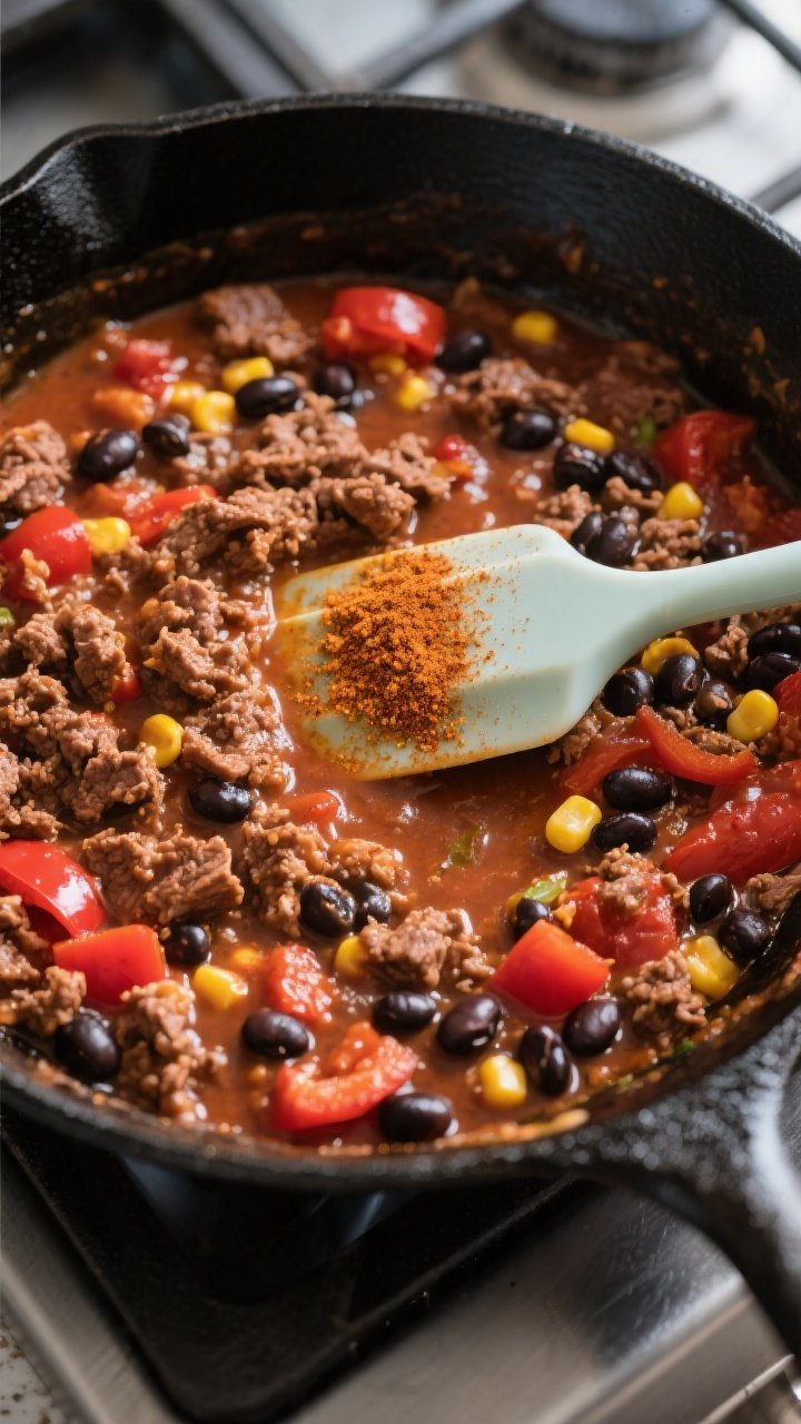 Cooking process shot: Overhead view of the skillet at the “simmer and reduce” stage showing the 