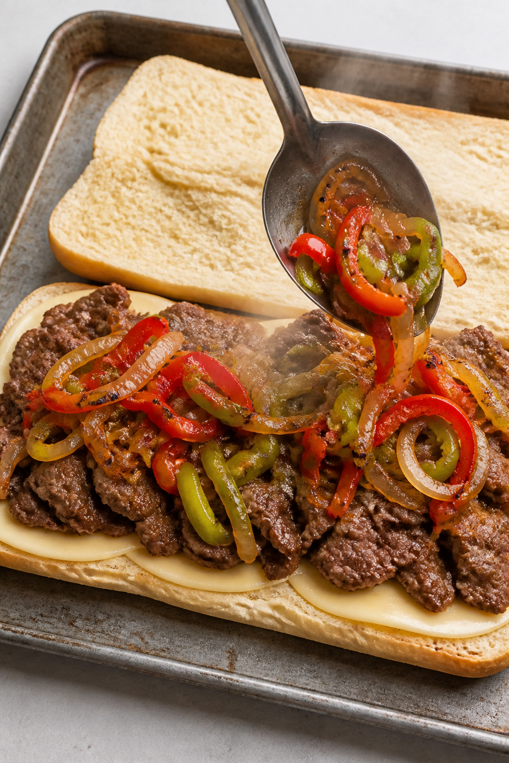 Cooking process shot: sautéed peppers and onions being spooned over a layer of browned, thinly slic