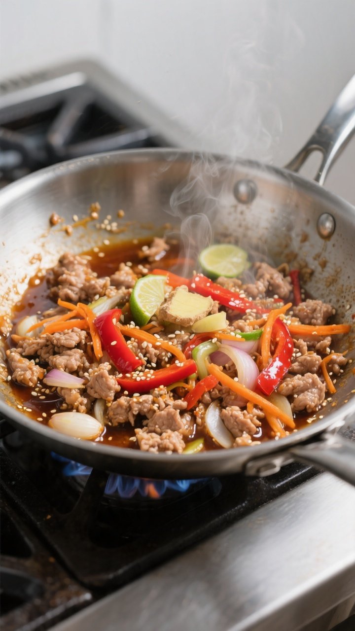 Cooking process shot: Sizzling ground turkey browning in a wide stainless-steel skillet over medium-