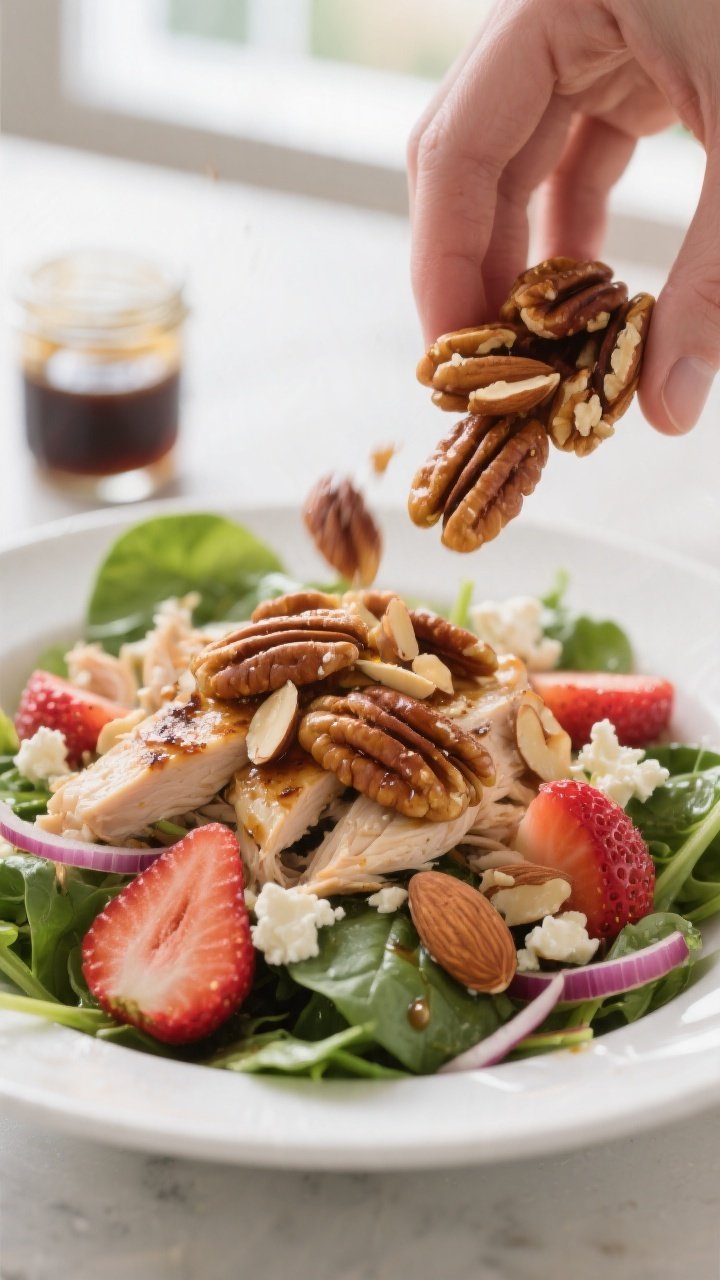 Cooking process shot: Toasted nut finish for the salad. Medium-close shot of sliced almonds and toas
