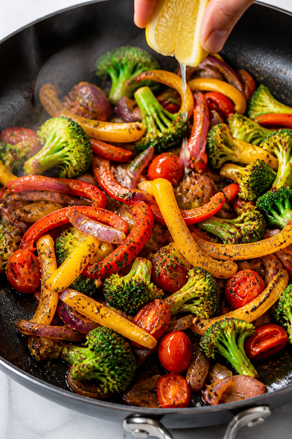 Cooking process shot: vegetables sautéing in the same skillet after the chicken, showing red and ye