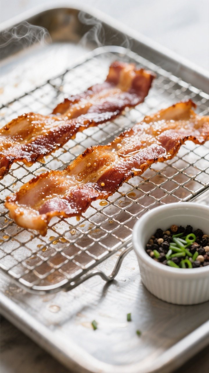 Cooking process: Sizzling, crisped center-cut bacon draining on a wire rack over a sheet pan fresh f