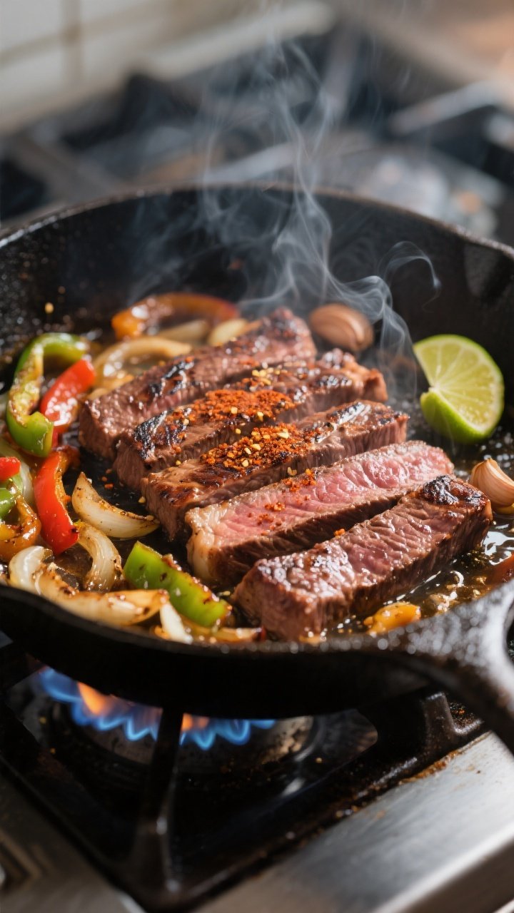 Cooking process, sizzling sear: Juicy steak fajita strips searing in a hot cast-iron skillet over hi