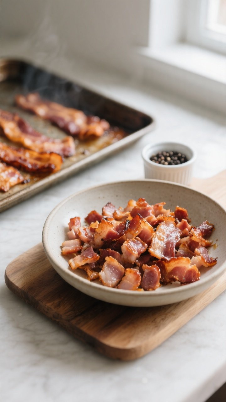 Cooking process: Sizzling sheet-pan bacon just pulled from the oven, cooked crisp and evenly browned
