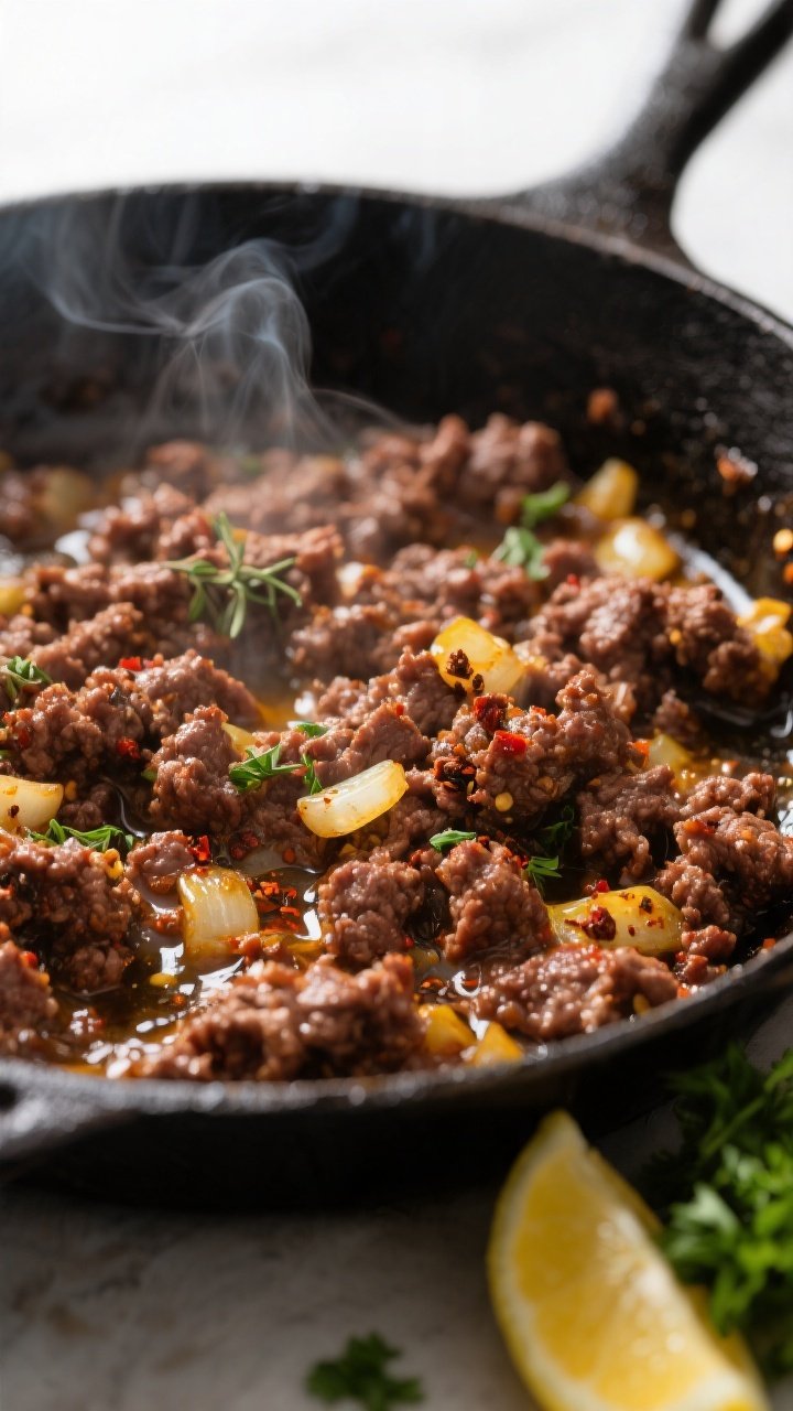 Cooking process — sizzling spiced beef: Close-up of browned ground beef sizzling in a cast-iron sk