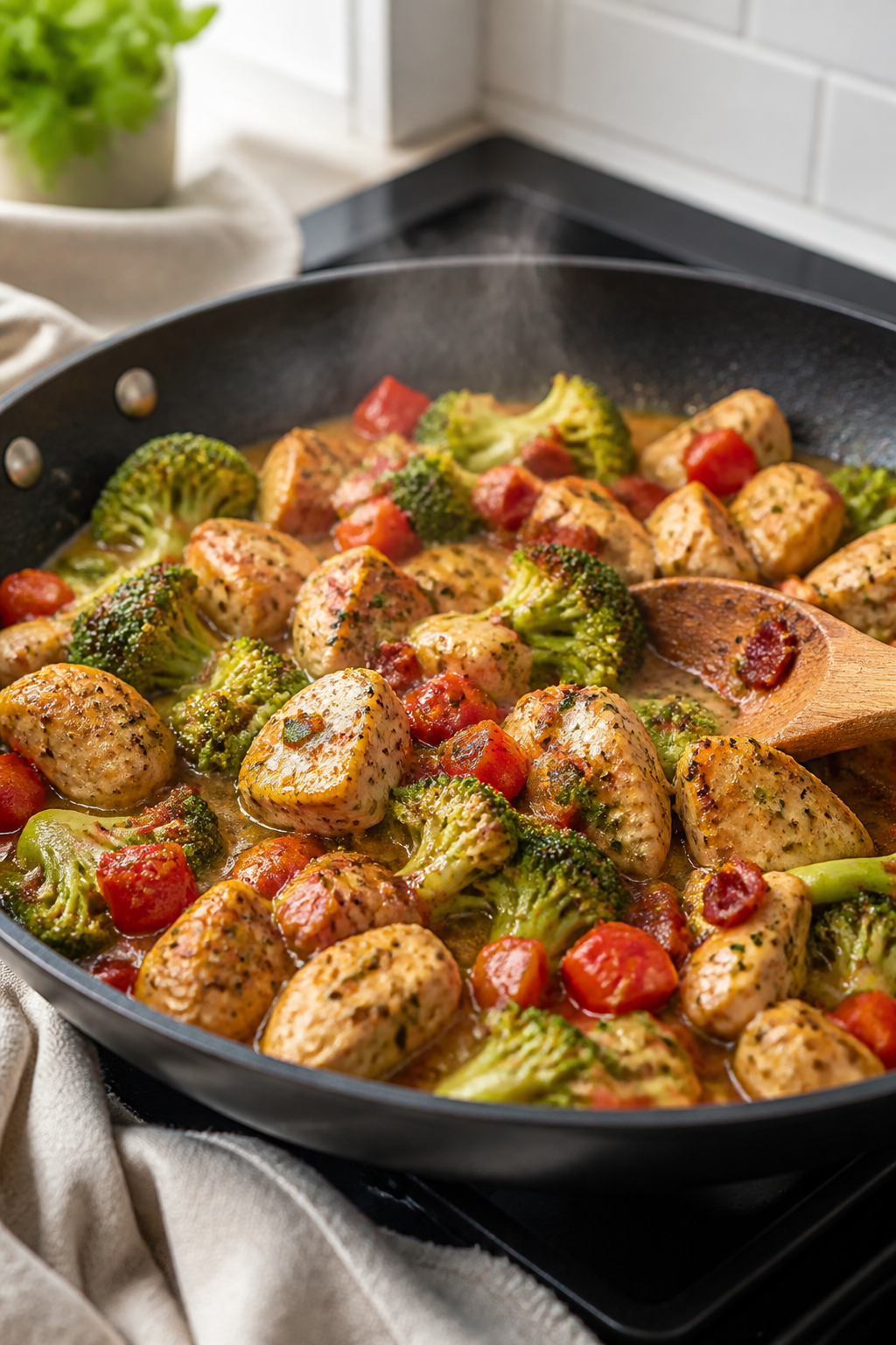 Cooking process, skillet action: Sautéed chicken bites and vegetables in a large black skillet mid-