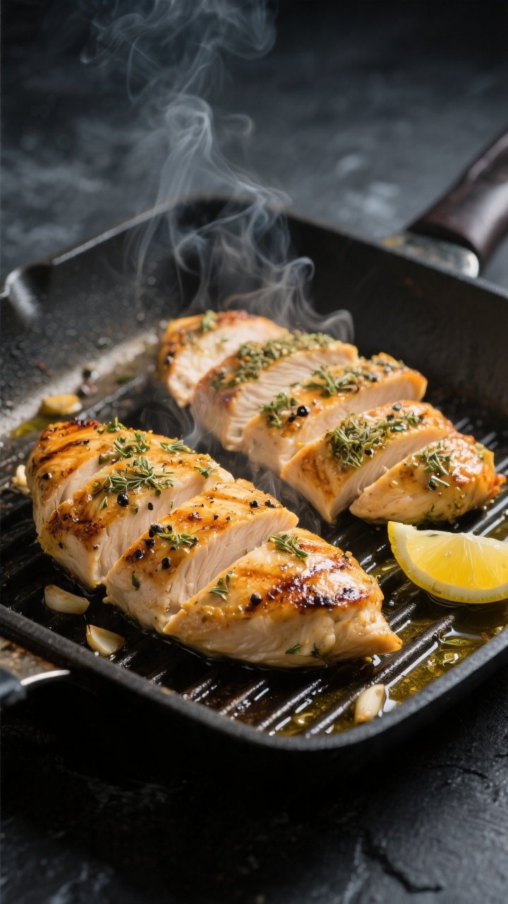 Cooking process: Sliced, golden-brown Greek-marinated chicken breasts searing on a grill pan, visibl
