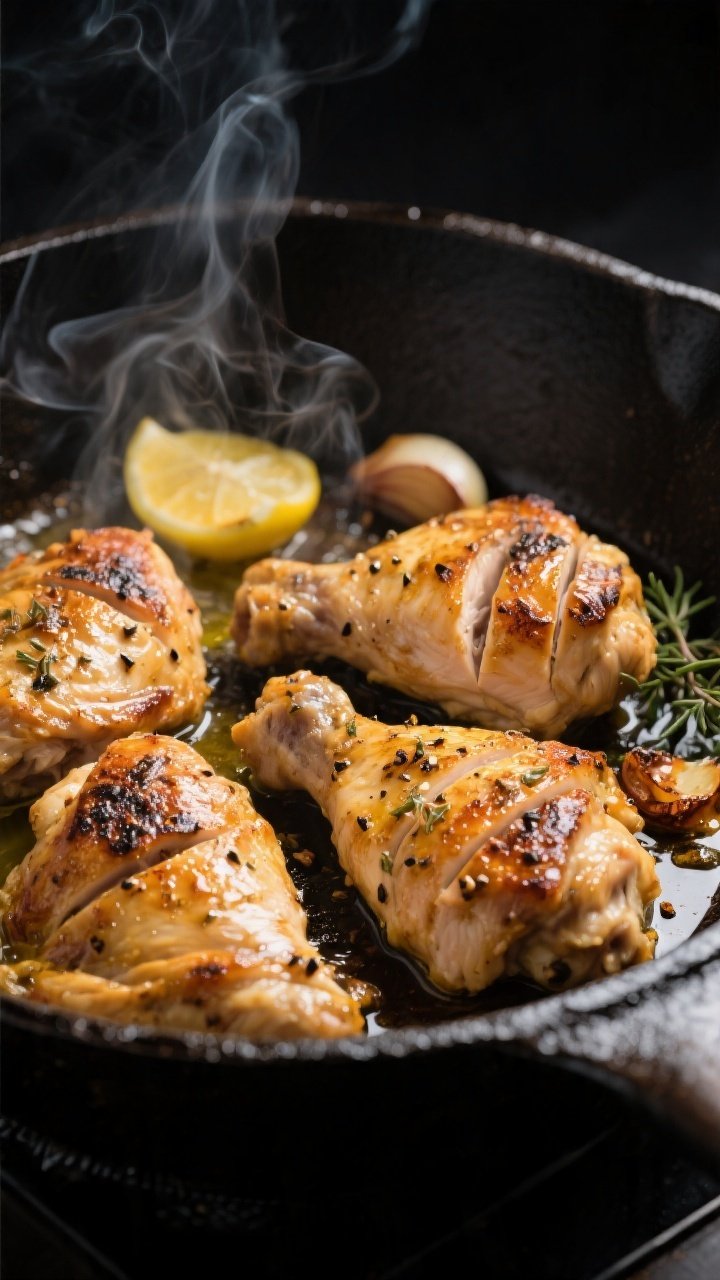 Cooking process: Sliced Greek-marinated chicken thighs sizzling in a preheated cast-iron skillet, go
