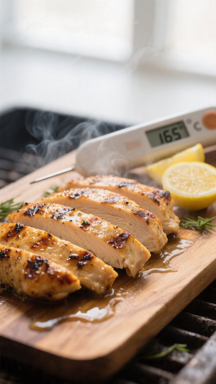 Cooking process: Sliced grilled chicken breasts resting on a wooden board after grilling, golden cha