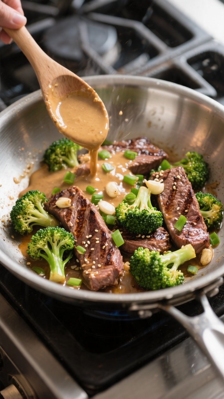Cooking process: Steak and broccoli in a wide stainless-steel skillet as the thickened garlic sauce