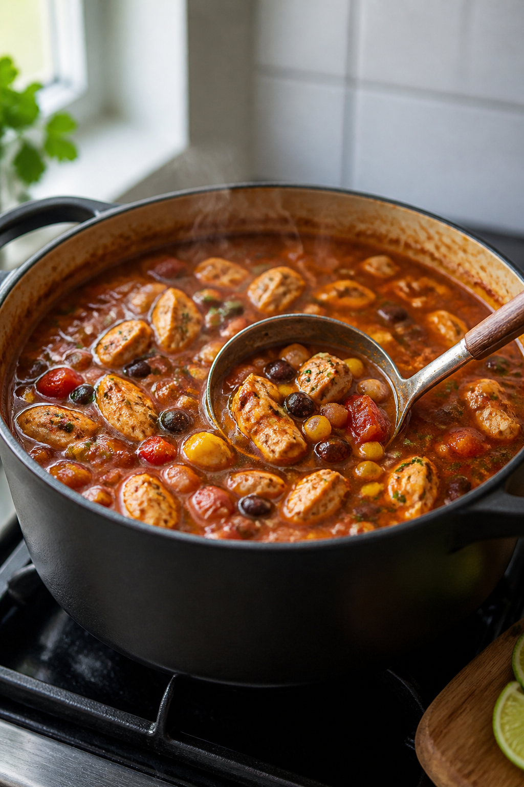 Cooking process, stovetop: A simmering pot of chicken taco soup mid-cook, showing bite-size browned 