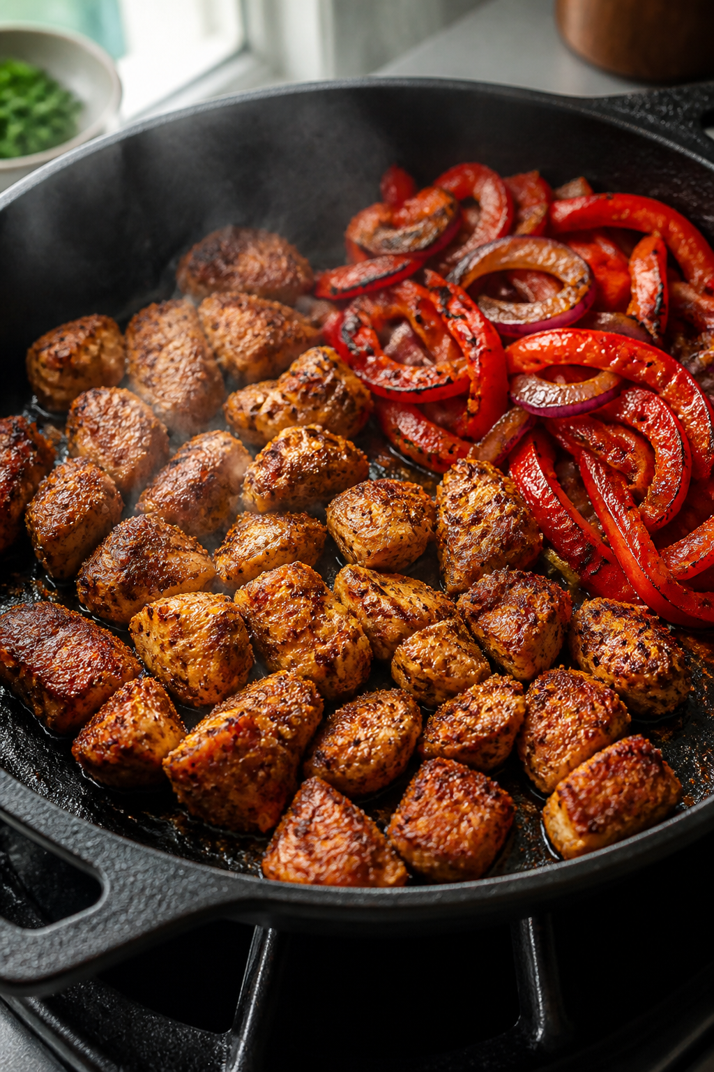 Cooking process, stovetop action: Bite-size seasoned chicken sizzling in a large cast-iron skillet, 