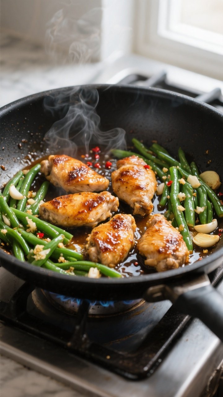 Cooking process, stovetop action: Honey Garlic Chicken and Green Beans sizzling in a large black ski