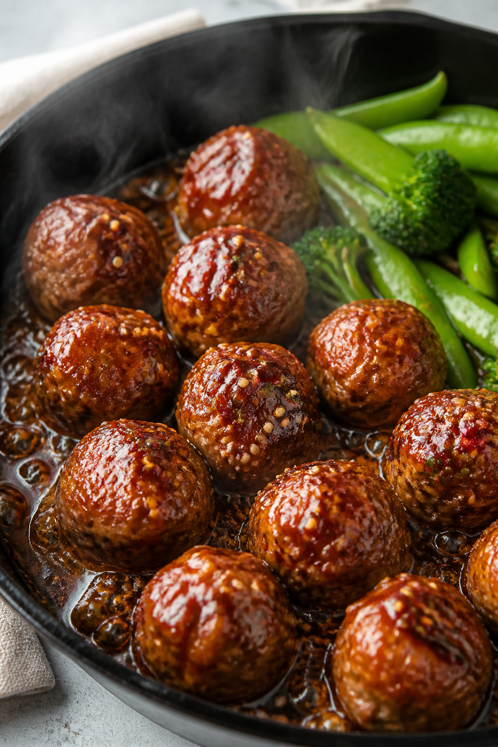 Cooking process, stovetop action: Searing honey-garlic meatballs in a large skillet over medium heat