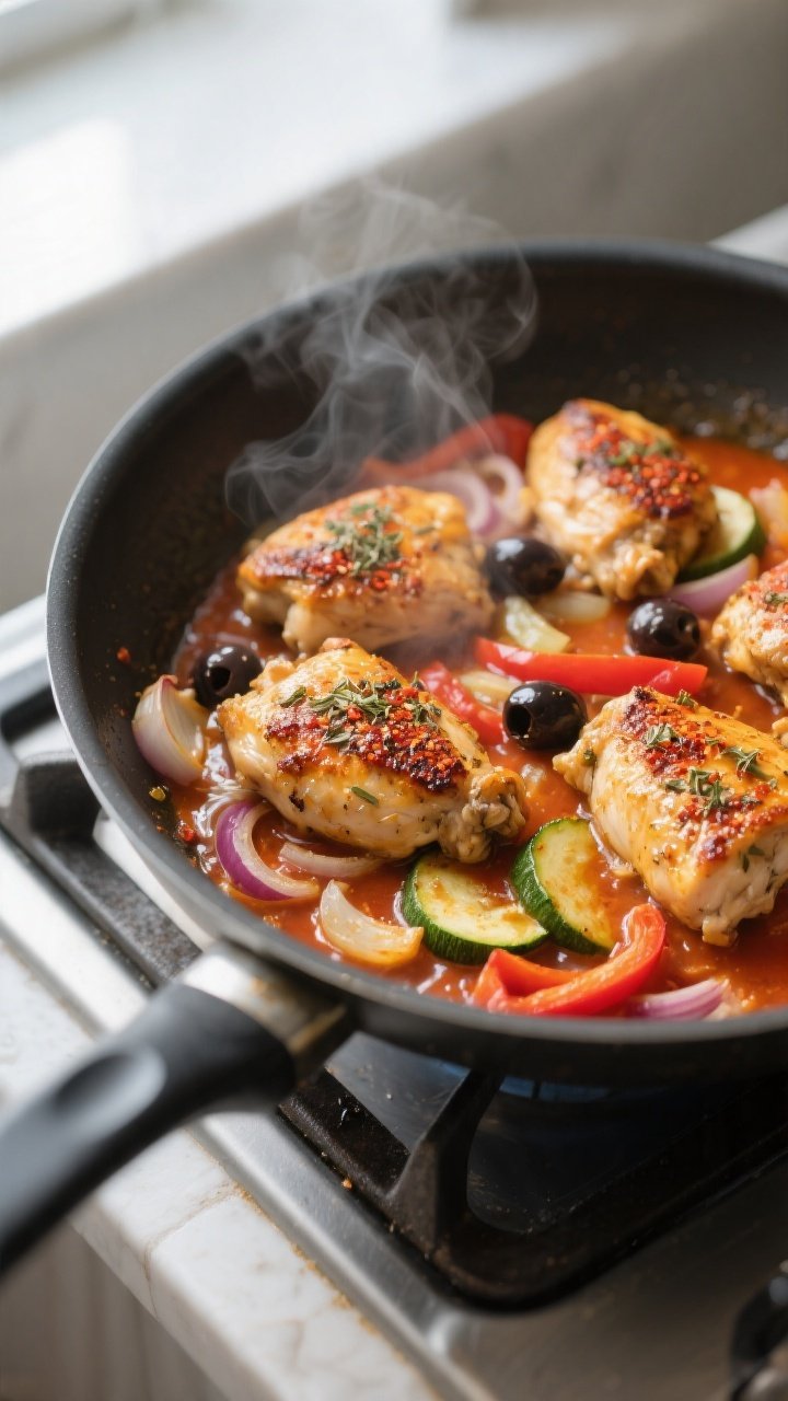 Cooking process, stovetop action: Sizzling Mediterranean chicken pieces searing in a large skillet, 