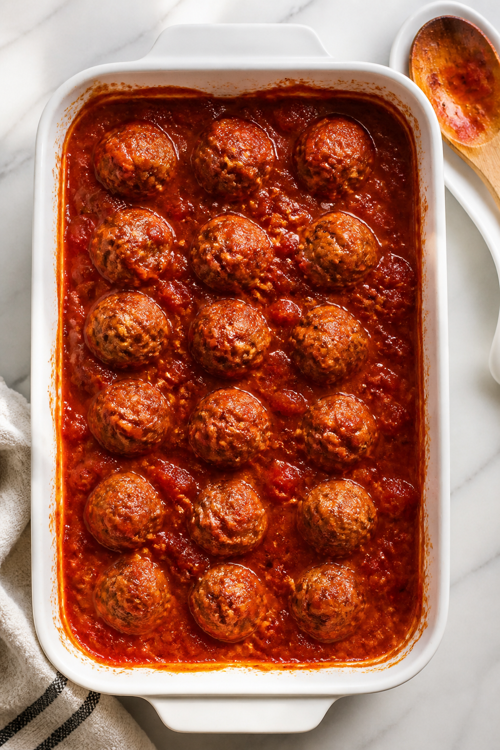 Cooking process, tasty top view: Overhead shot of meatballs nestled in bright, chunky no-sugar-added
