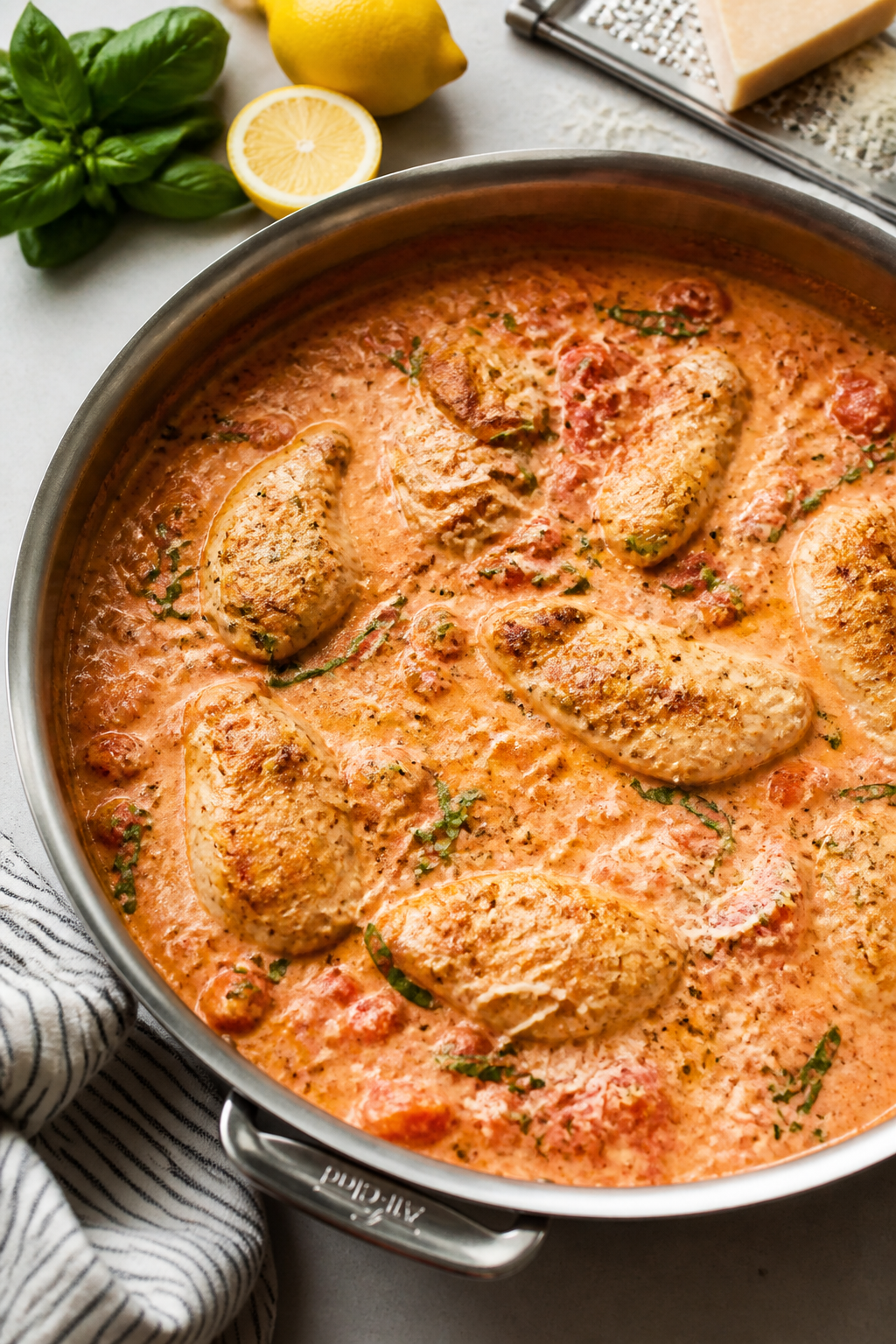 Cooking process: The sauce coming together in one pan—crushed tomatoes, a splash of chicken broth,
