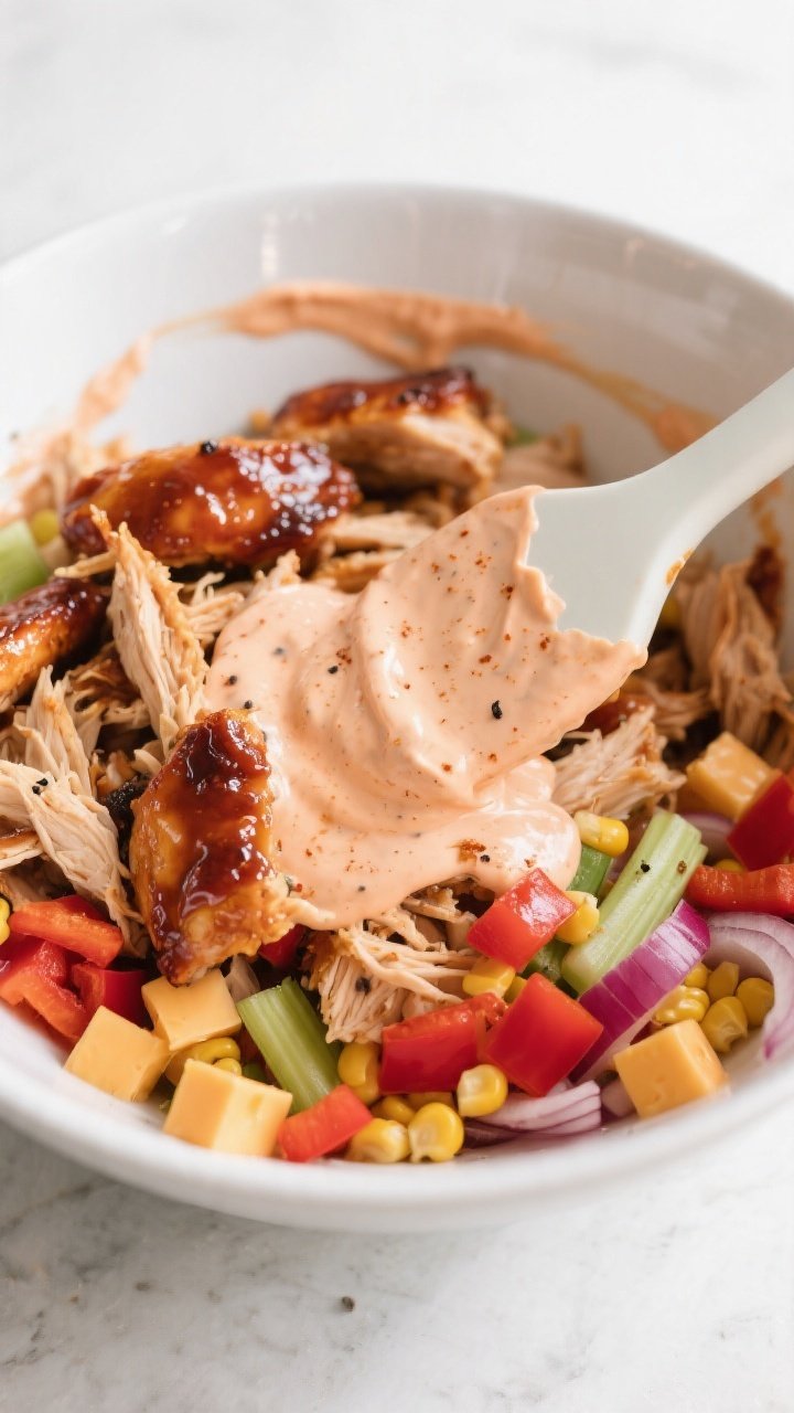 Cooking process: Tossed BBQ chicken being folded into the creamy dressing with vegetables — a larg