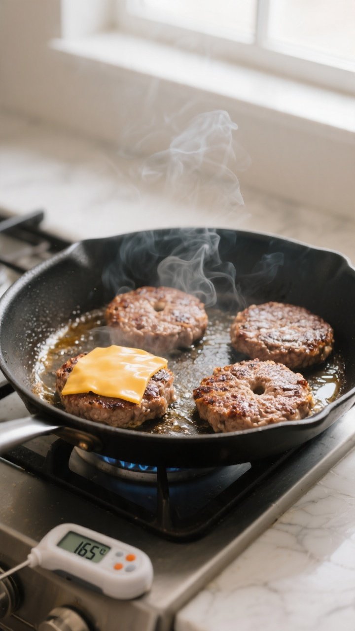 Cooking process: Turkey burger patties sizzling in a large skillet over medium-high heat, visible Ma