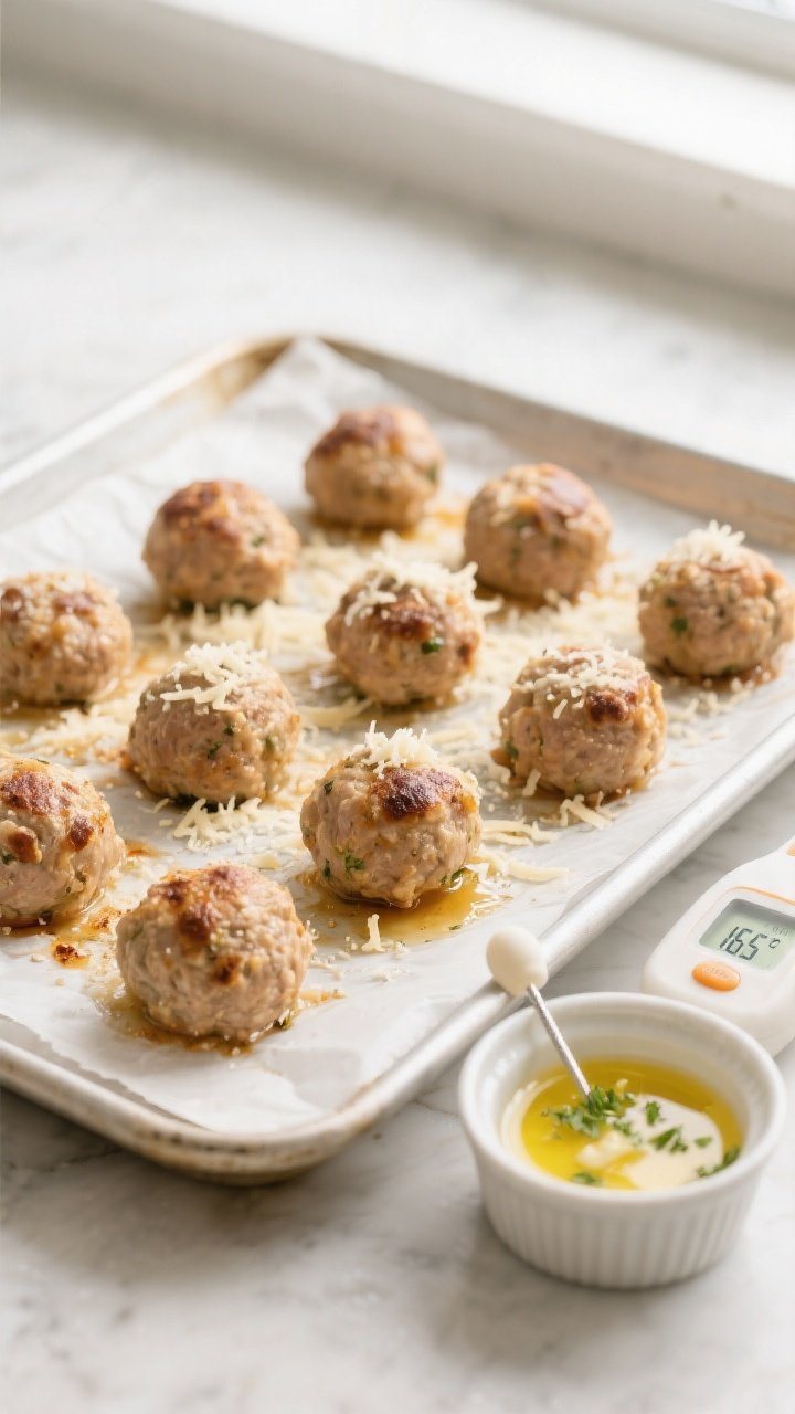 Cooking process: Turkey meatballs baking on a parchment-lined sheet pan at peak doneness—lightly g