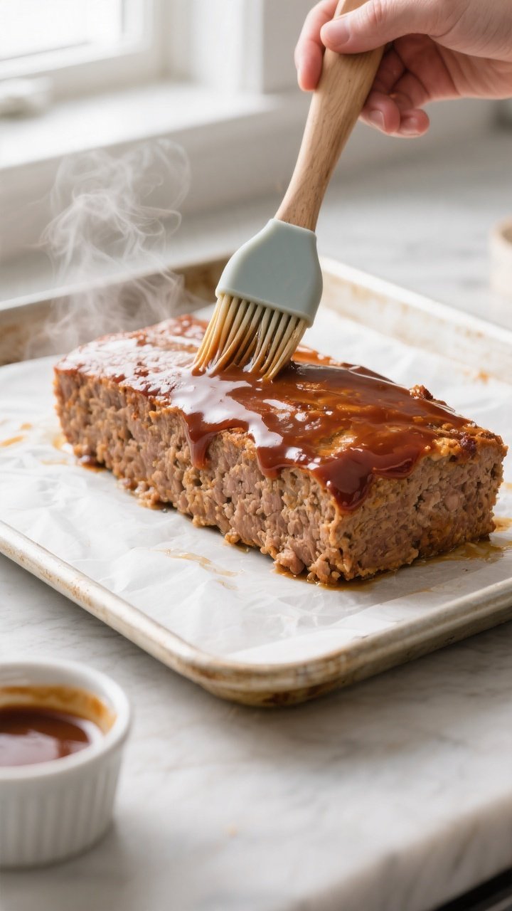 Cooking process: Turkey meatloaf on a sheet pan mid-bake, being brushed with a generous layer of BBQ
