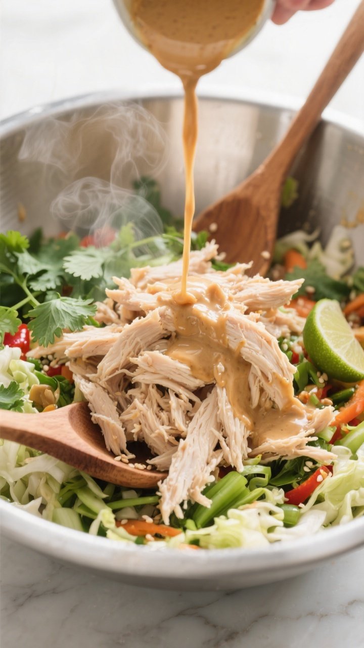 Cooking process: Warm shredded chicken being folded into the mixed veggie base with two wooden spoon