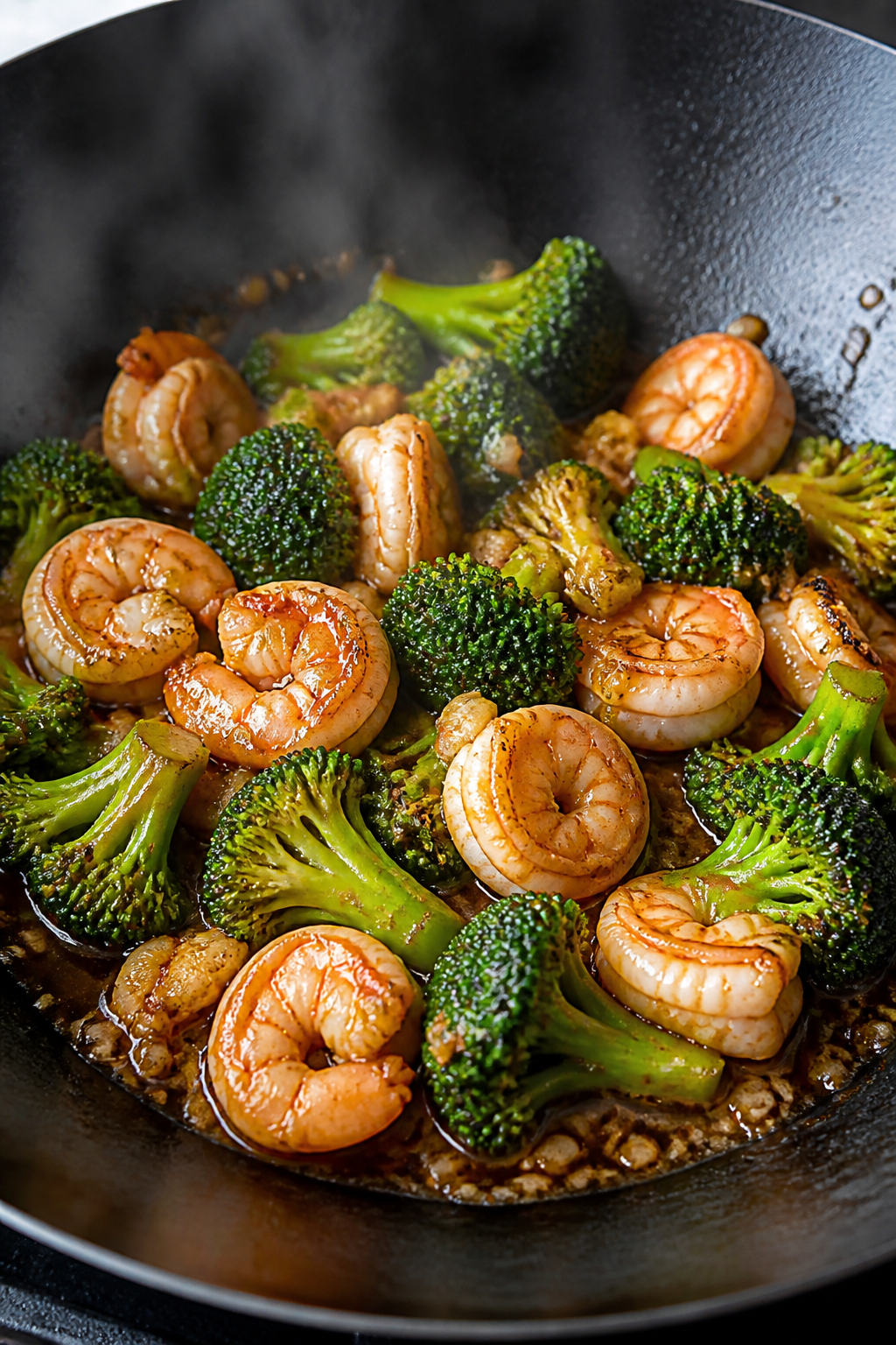 Cooking process, wok action: Shrimp & broccoli stir fry midway through cooking in a carbon steel wok