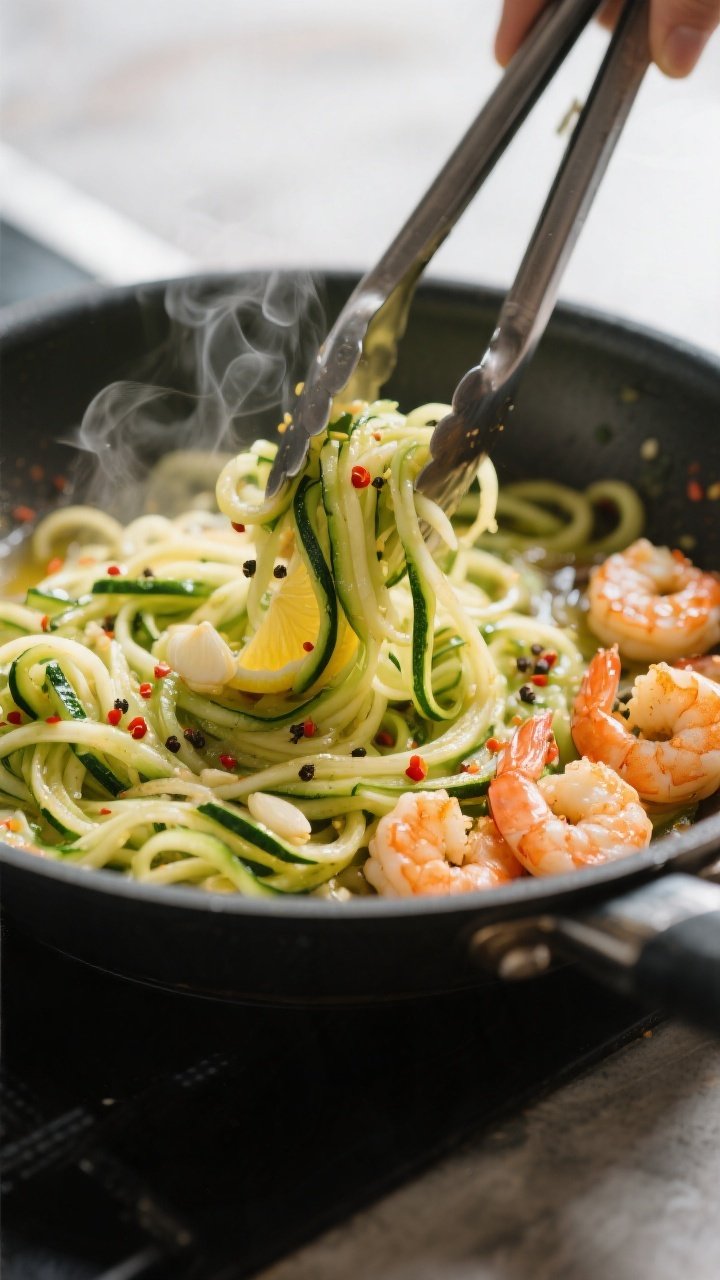 Cooking process: Zucchini noodles being tossed in the pan with shimmering garlic-lemon oil, tongs li