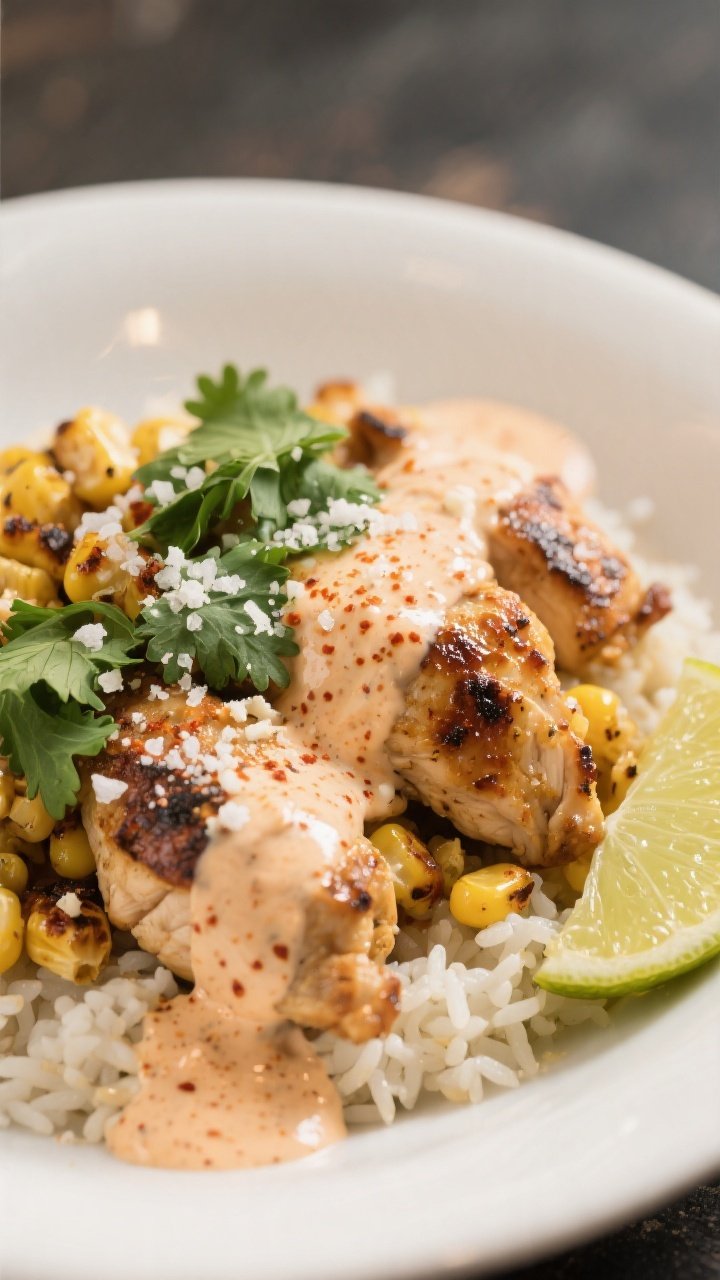 Final dish, beauty close-up: Tight, three-quarter angle of a finished Street Corn Chicken Rice Bowl 