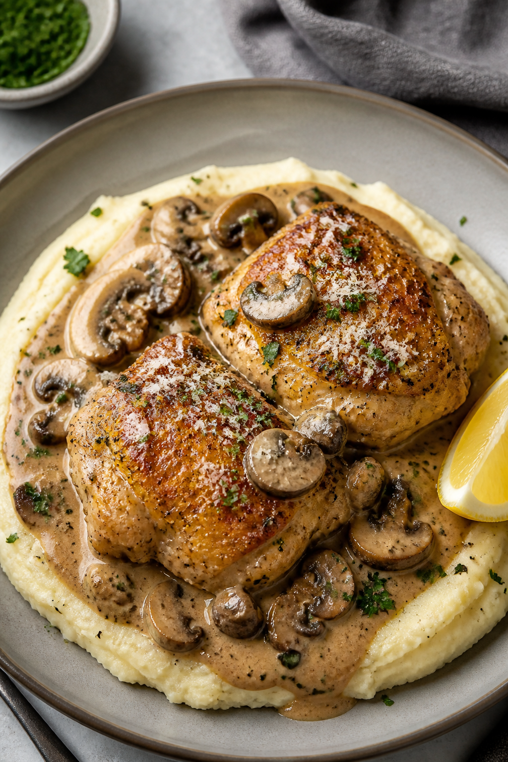 Final dish beauty plate: Creamy Mushroom Chicken Thighs plated over buttery mashed potatoes on a war