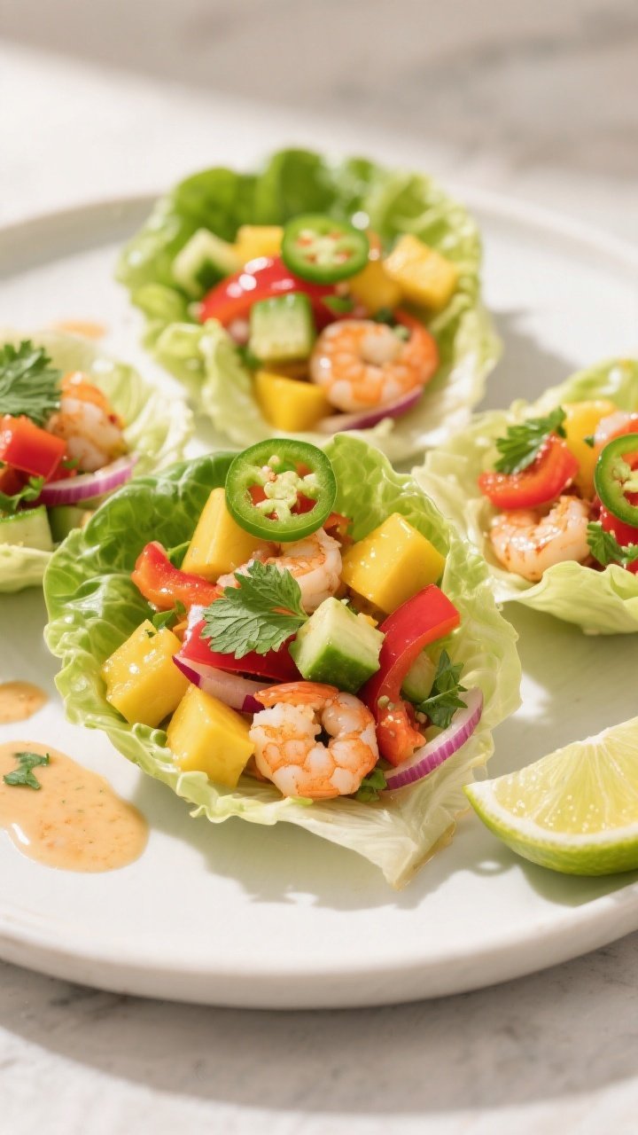 Final dish beauty plate: Fresh Mango Shrimp Lettuce Wraps assembled in butter lettuce cups on a matt
