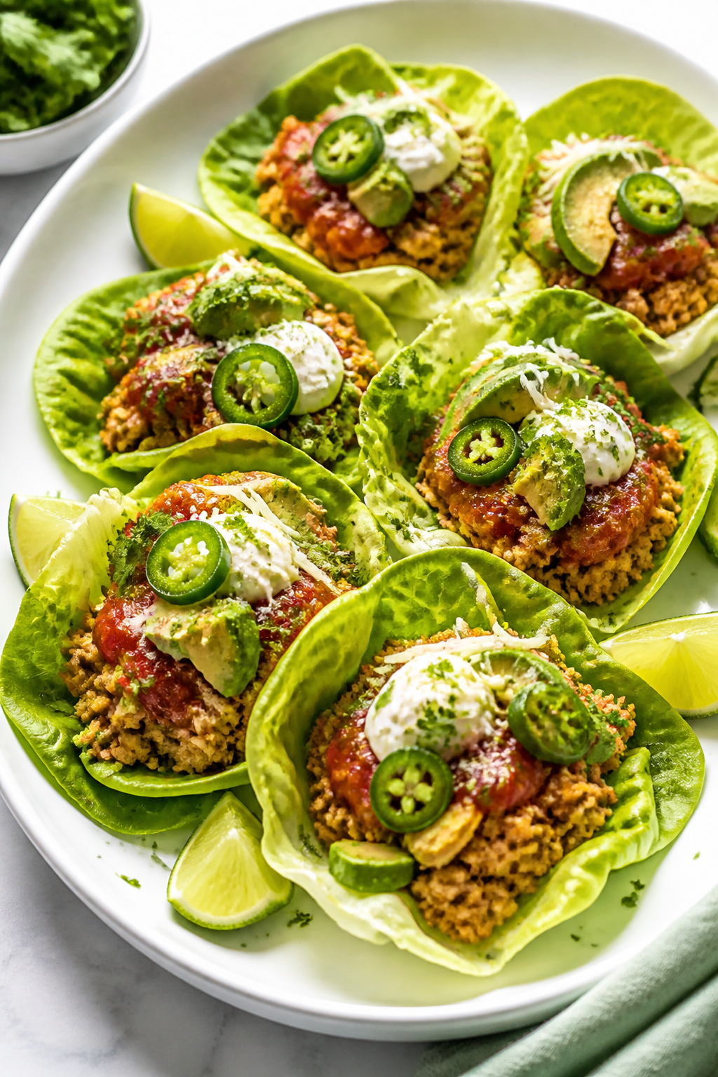 Final dish beauty plate: Low Carb Turkey Taco Lettuce Wraps arranged on a large white ceramic platte