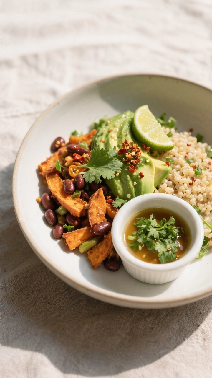 Final dish beauty: Restaurant-quality plated bowl on a neutral linen with a small ramekin of extra l