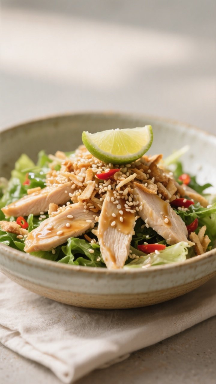 Final dish beauty: Three-quarter angle glamour shot of the finished Asian Sesame Chicken Salad plate