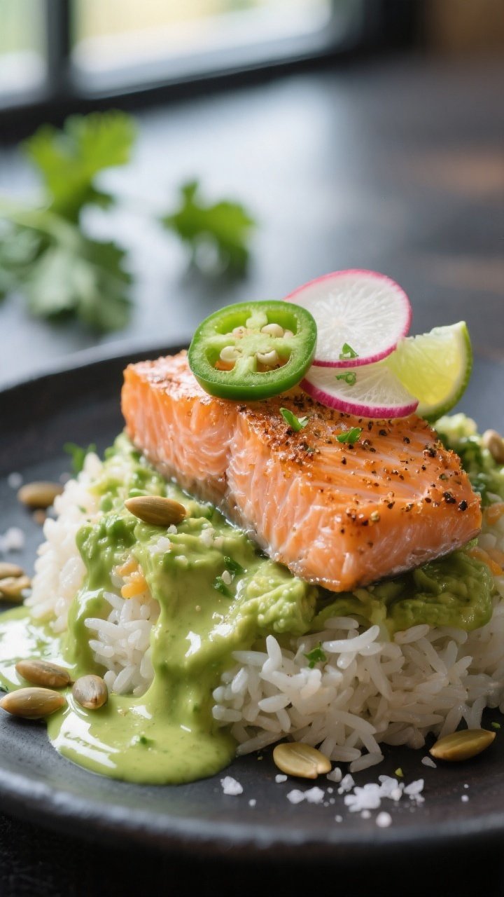 Final dish close-up detail: Tight macro of flaked salmon atop rice with glossy avocado-lime sauce po
