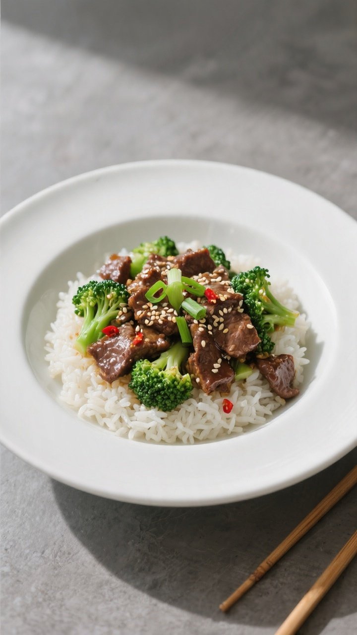 Final dish, overhead: Beautifully plated High Protein Beef and Broccoli over fluffy jasmine rice in