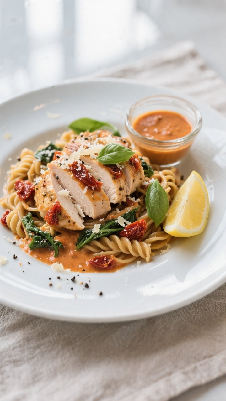 Final dish – Overhead plated presentation: High Protein Creamy Sun Dried Tomato Chicken sliced and