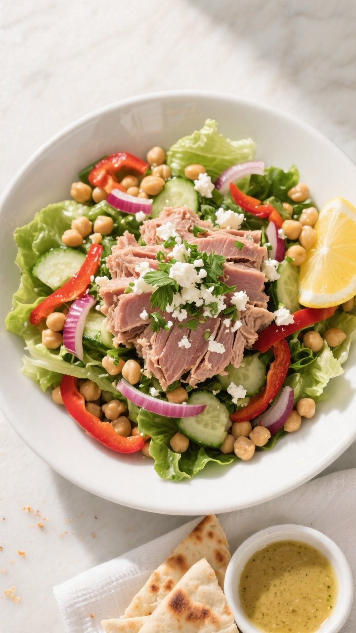 Final dish — overhead plated presentation: Top-down hero shot of the Mediterranean Tuna Dinner Sal