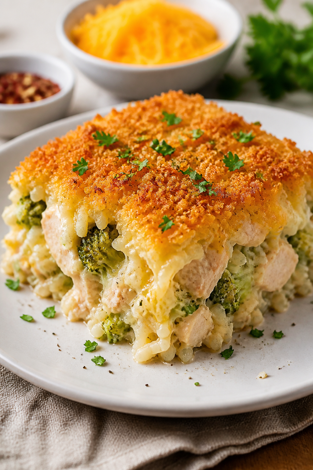 Final dish plated: A generous square of the chicken broccoli rice bake neatly lifted and served on a